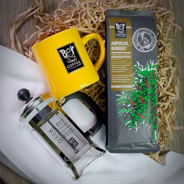 Open image in slideshow, Philippine Coffee Ampucao, Benguet with French press mug and wood strips - Bo's Coffee