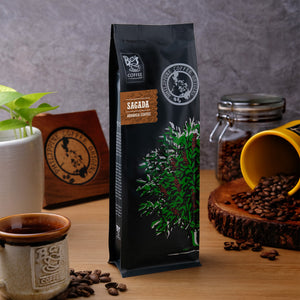 Philippine Coffee Sagada Beans 250g with plants, beans, and mugs - Bo's Coffee
