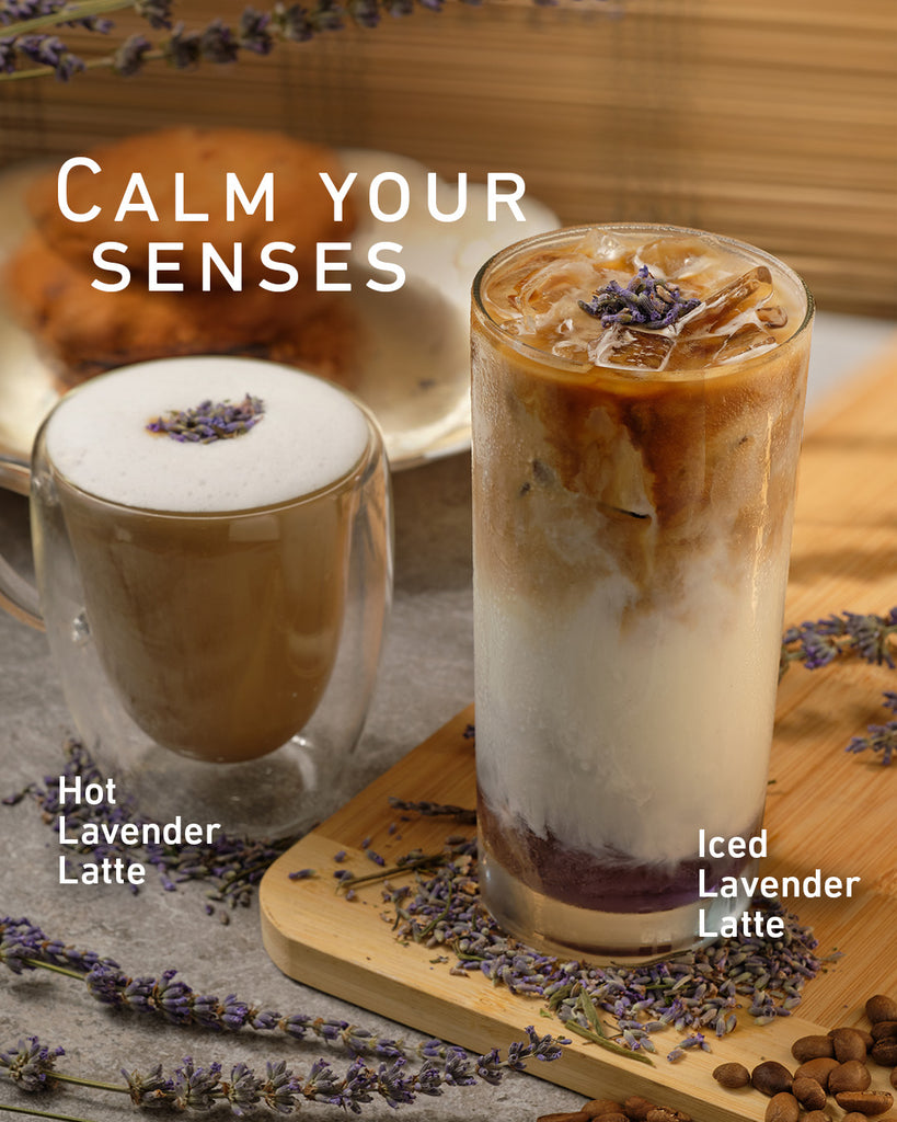 Bo's Coffee Calm your Senses Hot Lavender Latte and Iced Lavander Latte.