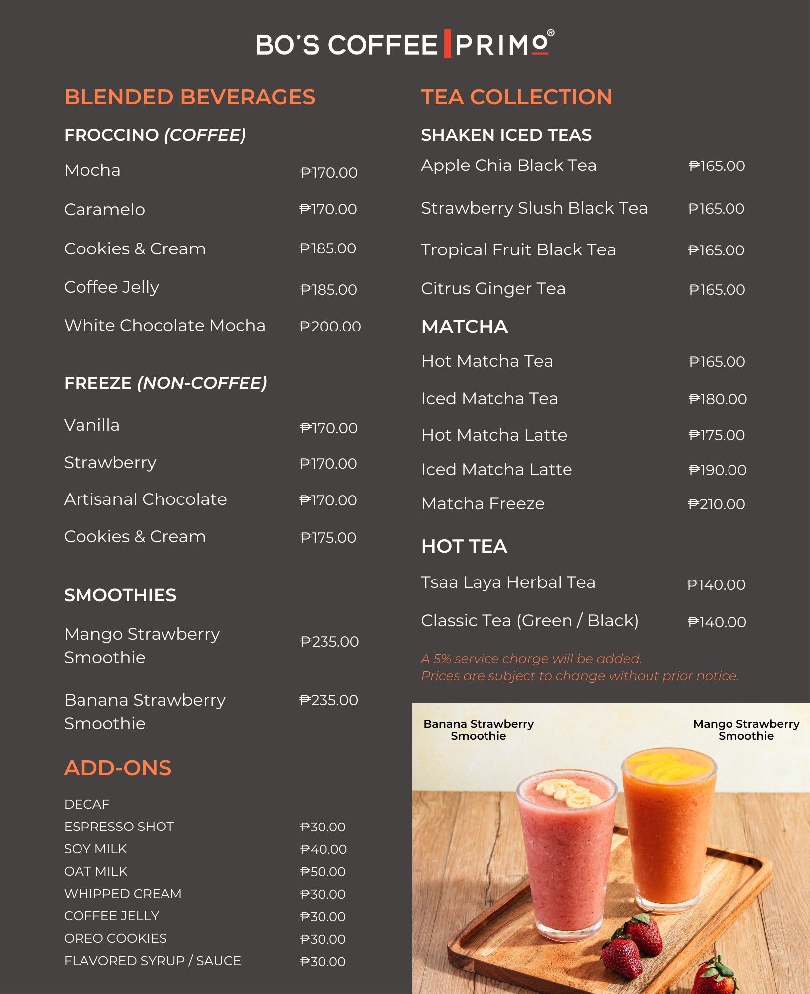 Bo Tea Menu Philippine Coffee Bo's Coffee Primo Store Menu
