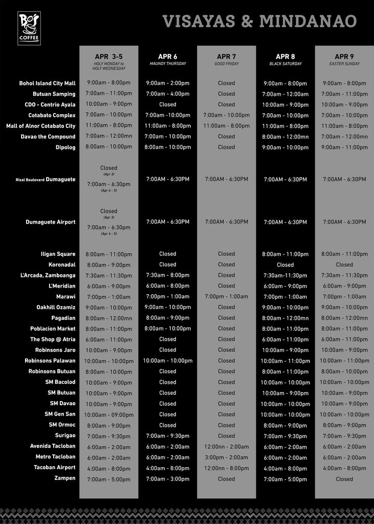 Holy Day Week Visayas and Mindanao Store Schedule of Bo's Coffee 2023