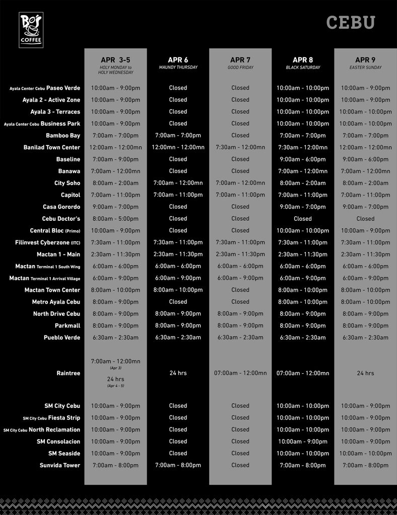 Holy Day Week Cebu Store Schedule of Bo's Coffee 2023