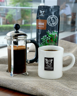 Philippine Coffee Sagada Beans 250g with french press and white mug full of coffee - Bo's Coffee