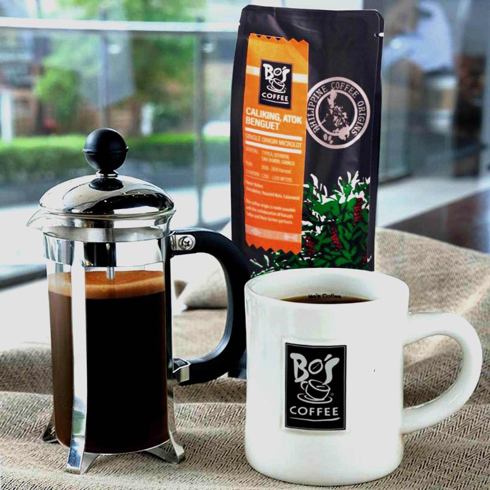 Philippine Coffee Caliking, Atok Benguet with a french press and white mug - Bo's Coffee