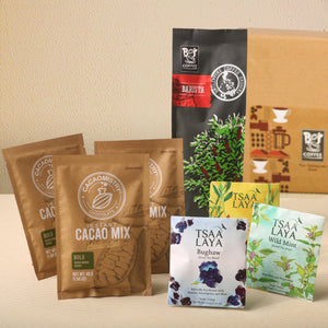 1pc Barista Blend Beans 250g, 3pcs Cacaomistry Chocolate Drink Sachets, and 3pcs Tsaa Laya Tea Sachets in box