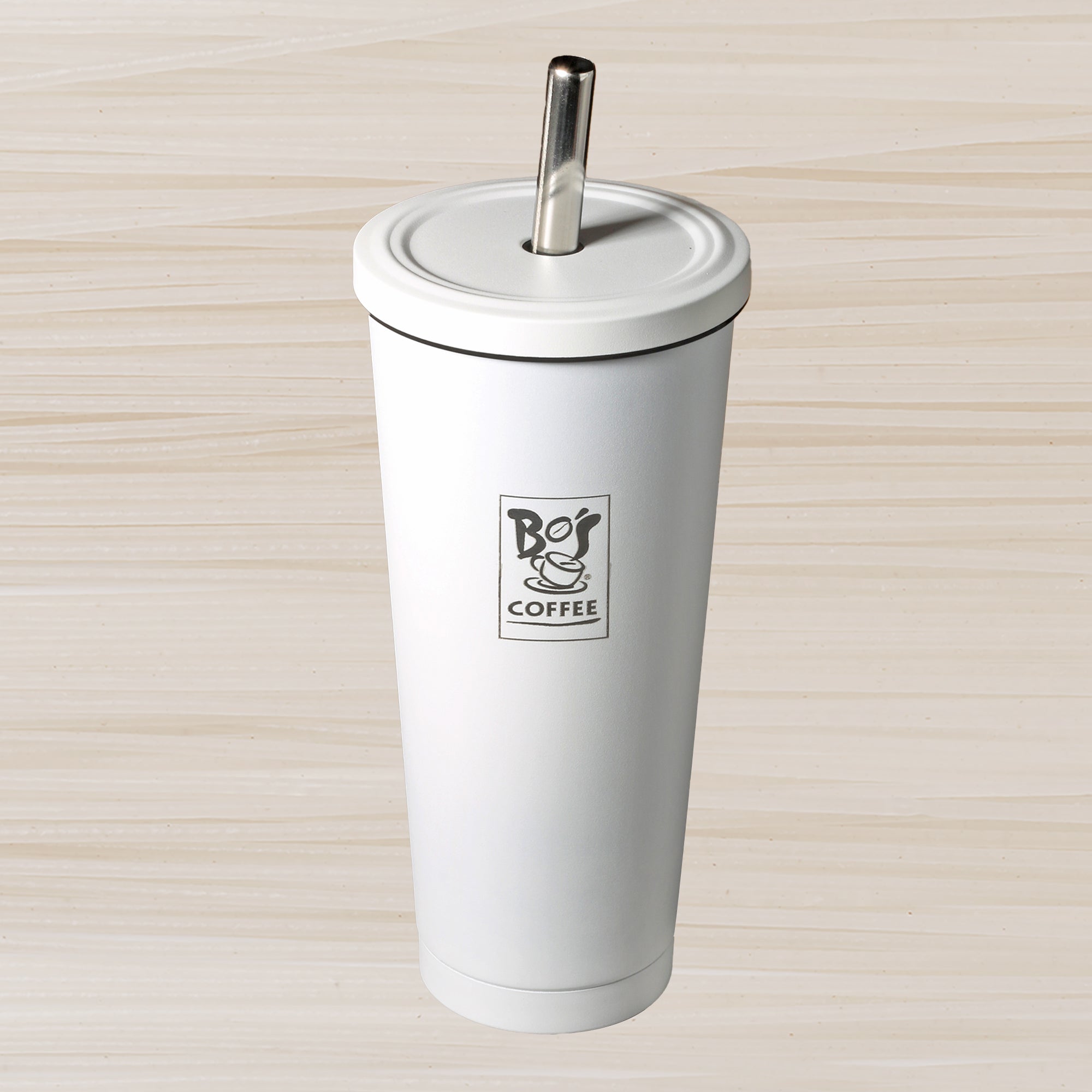 Bo's Coffee Acqua Boba Cup 590ml Pearl White with a stainless straw.