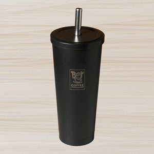 Open image in slideshow, Bo&#39;s Coffee Acqua Boba Cup 590ml Charcoal Black with a stainless straw.
