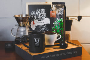Philippine Coffee Origins  Sagada Beans 250g Dripper, black mug, and beans on the white mug - Bo's Coffee