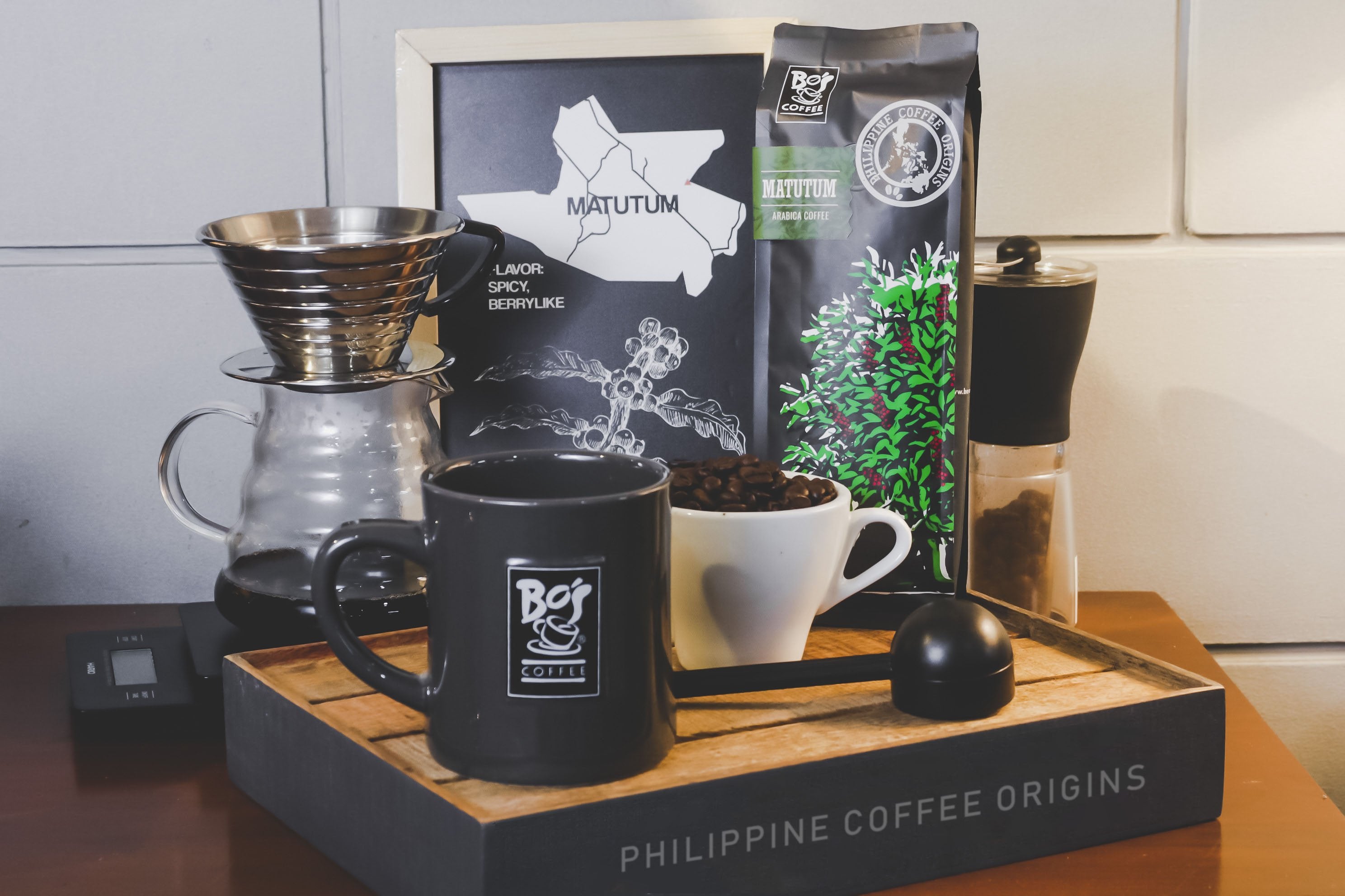 Philippine Coffee Origins Mt. Matutum 250g with black mug, scale, dripper, and bean grinder - Bo's Coffee